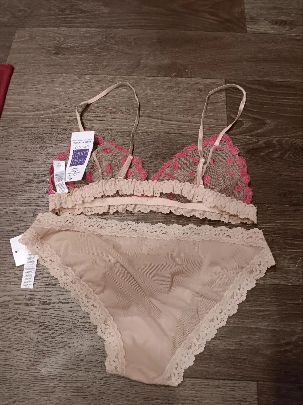 Hanky Panky Blush Beige Sheer Bralette & Bikini with Pink Embroidery Cute Vintag